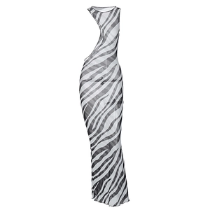 Detail of zebra print mesh dress with sexy side cut-out and sheer fabric texture