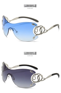 Detail of rimless oversized sunglasses with crystal snake metal temples and gradient lenses
