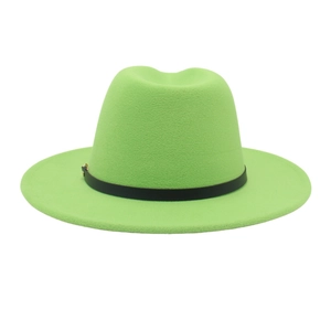Detailed close-up of wide brim fluorescent green fedora with black leather band detail