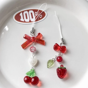 Handmade cherry and strawberry pendant set with red bows and beads for phone or bag