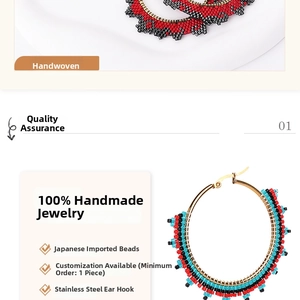Close-up of handmade Bohemian Miyuki seed bead hoop earrings with floral patterns