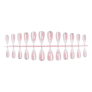 French style almond fake nails with pink base, white tips and sparkling diamond accents