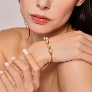 Irregular Wave Open Bangle Bracelet For Women Stainless Steel 18K Gold Plated Minimalist Imitation Artificial Pearl Non-Tarnish