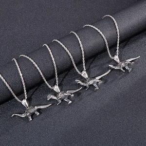 Retro dinosaur pendant necklace for men in polished titanium steel with wheat chain