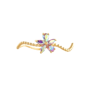 Golden flower ring with colorful petals and unique beaded wave design band on white background