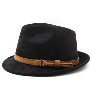 Detailed close-up of a black faux suede fedora hat with a brown band and gold buckle