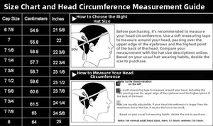 Detailed cap size chart with head circumference measurements from 54.9cm to 64cm