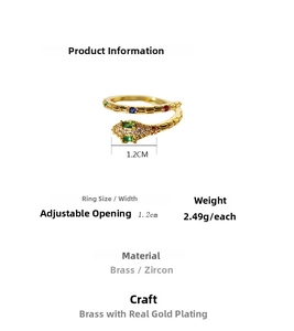 Detailed view of gold snake ring with specifications: 1.2cm width and 2.49g weight