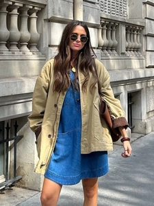 Women's khaki field jacket with brown corduroy collar trim in casual street style
