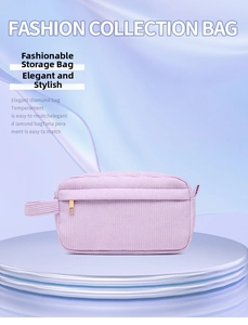 Detail of lavender corduroy makeup bag with gold zipper on a round display stand