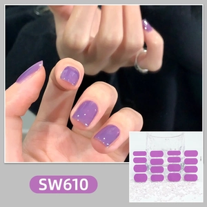 Detail of gradient purple jelly nail stickers with 16 adhesive wraps in various sizes