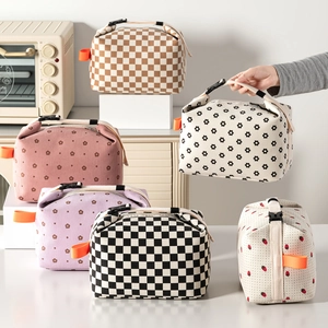 Corduroy Insulated Lunch Bag Aluminum Foil Thermal Portable Bento Pouch For School Office Picnic Floral Grid Patterns