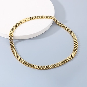 Detail view of 10mm gold five-bead watch strap chain necklace in stainless steel