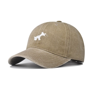 Vintage washed cotton baseball cap with cartoon dog embroidery and curved brim in khaki