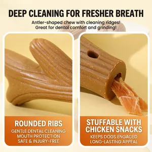 Dog Chew Toy Natural Pine Wood Fiber Bite Resistant Teeth Cleaning Bone Antler Shape Durable Molar Stick For Dogs