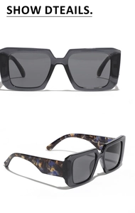 Detailed views of square Y2K oversized sunglasses with smokey grey frames and marbled temples