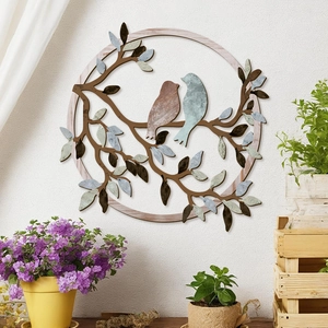 Chickadees Flowers Wreath Round Wood Wall Art Rustic Country Home Decor Hanging Door Sign Plaque