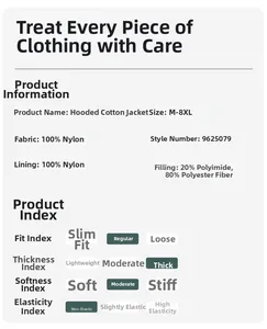 Detailliertes Datenblatt zur Materialzusammensetzung und Größentabelle für Kapuzen-Winterjacke