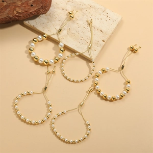 Elegant Women Bracelet Copper Gold Plated White ABS Artificial Pearl Adjustable Drawstring Bolo Clasp Minimalist Jewelry