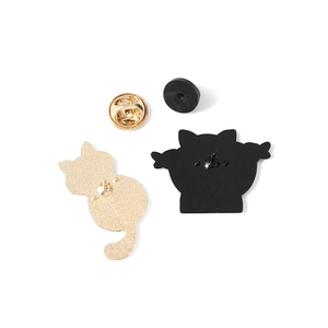 Cute cartoon cat enamel pins back view showing butterfly metal clutch and rubber pins