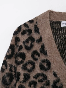 Close-up of leopard print cardigan showing fuzzy knit texture and brand label detail