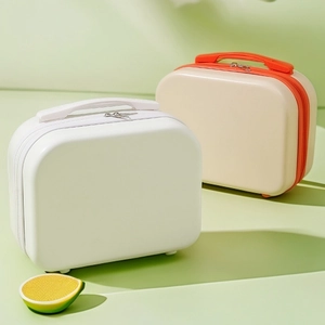 Mini 14 inch portable travel makeup case in white and beige hard shell plastic