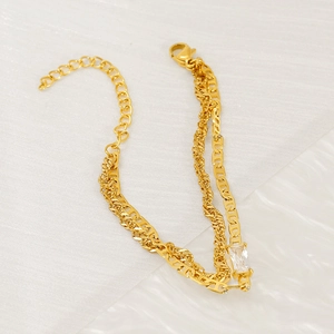 Double-layered 18K gold plated stainless steel bracelet with zircon stone and link chains