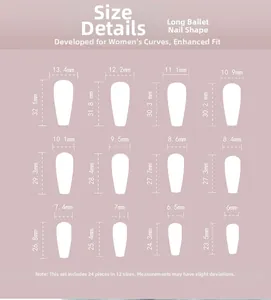 Size chart for long ballerina press-on nails with 12 dimensions from 6mm to 13.4mm width