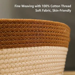 Cama redonda para mascotas de cuerda de algodón suave tejida en marrón y beige