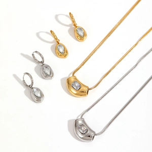 Modern stainless steel jewelry set featuring teardrop zircon necklace and earrings in gold and silver