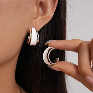 Elegant 18k gold plated double-layered C-shaped white enamel hoop earrings for women