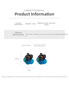 Detailed view of flower-shaped shell and tiger eye earrings with size and material info