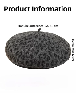 Detailed chart showing size 56-58cm and adjustable strap of leopard wool beret