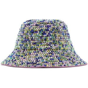 Sparkly purple bucket hat with colorful rhinestones and handmade sequins design