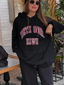 Women Hooded Sweatshirt Cotton Polyester Letter Print Oversized Long Sleeve Casual Streetwear American Vintage Hoodie