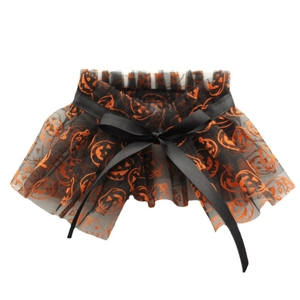Halloween pet cape collar with orange pumpkin print and black mesh for cats and small dogs