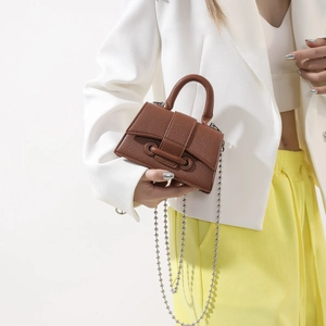 Mini brown lychee texture handbag with beaded silver chain strap and top handle