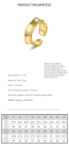 Size guide table for minimalist 925 silver wavy ring with adjustable inner diameter measurements