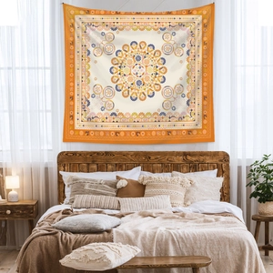 Cozy bedroom scene featuring a bohemian mandala tapestry hanging above a wooden bed frame