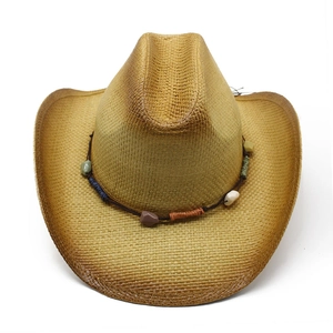Western straw cowboy hat with two-tone spray paint and colorful beaded cord decoration