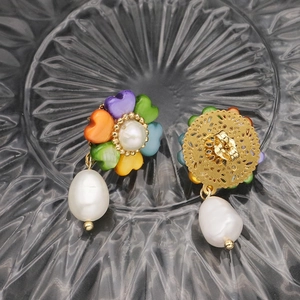 Floral natural pearl drop earrings with colorful heart petals and gold zircon cluster