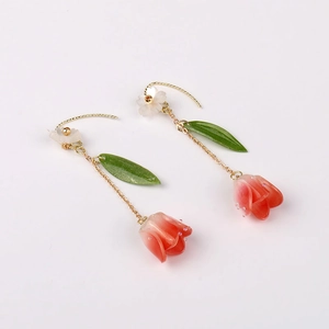 Pink tulip acrylic pendant earrings with green leaf and golden long chain tassel