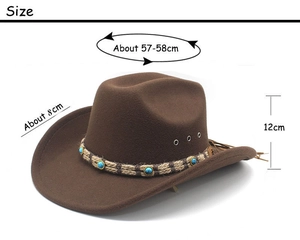 Detail view of brown felt cowboy hat with turquoise beads and size dimensions
