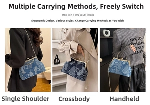 Three-way carry denim handbag with cloud pattern shown as crossbody, shoulder, and tote bag