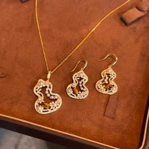 Gourd Necklace And Earrings Jewelry Copper Imitation Artificial Pearls Tiger Eye Gemstone Zircon Vintage Chinese Style For Women