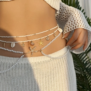 Bohemian Waist Chain For Women Beach Vacation Accessory With Faux Artificial Pearl Shell Starfish Alloy Link Multi Layer Body Jewelry