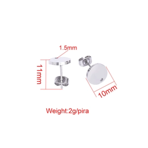 Detailed view of silver stainless steel flat round earring studs with 10mm base and dimensions