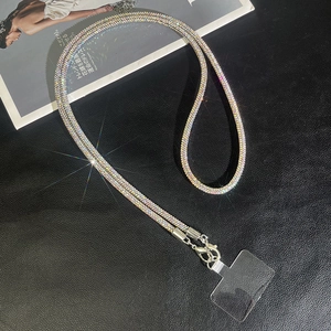Luxurious silver sparkling rhinestone crossbody phone chain with clear patch accessory