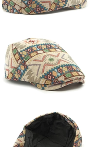 Detail of ethnic jacquard beret showing vintage geometric patterns and inner lining