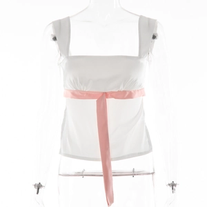 Sexy weißes tief ausgeschnittenes Camisole für Damen mit rosa Schleife und schmaler Passform
